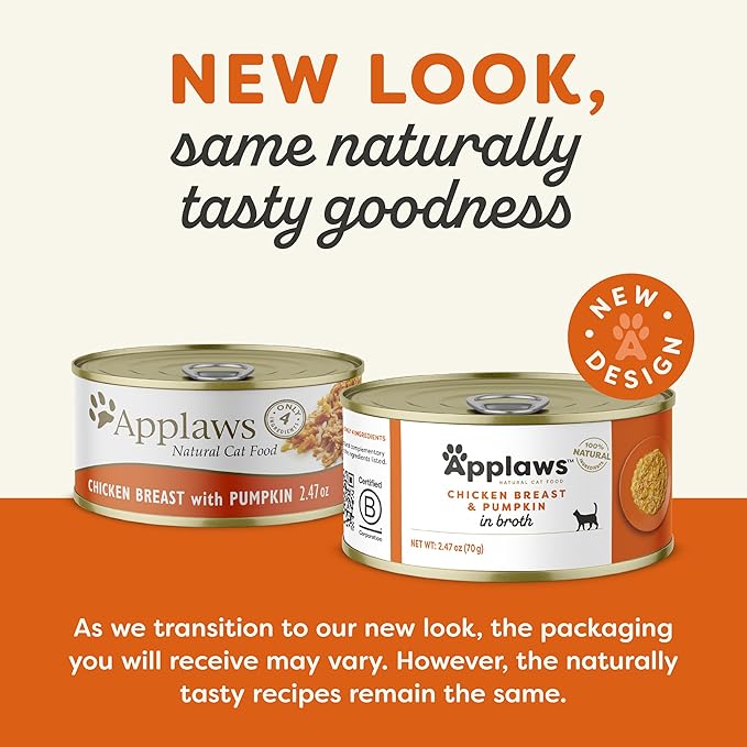 Applaws Natural Wet Cat Food, 24 Count, Limited Ingredient Canned Wet Cat Food, Chicken with Pumpkin in Broth, 2.47oz Cans