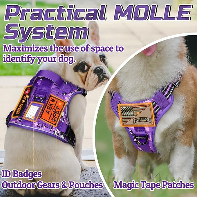 rabbitgoo Tactical Dog Harness for Large Dogs, No Pull Military Service Vest with Handle & Molle, Easy Control for Training Walking, Adjustable Reflective Straps, Purple Camo, XL