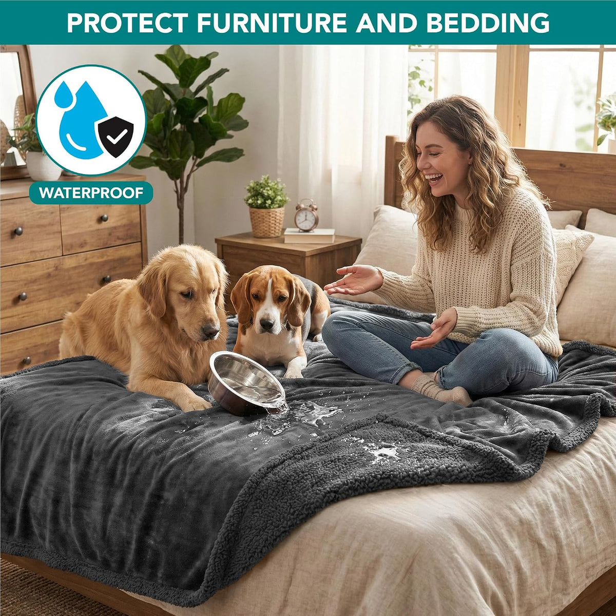 PetAmi Waterproof Dog Blanket for Medium Large Dog Pet, 60x40 - Queen 90 X 90 Inches / Gray/Gray Sherpa - image 2