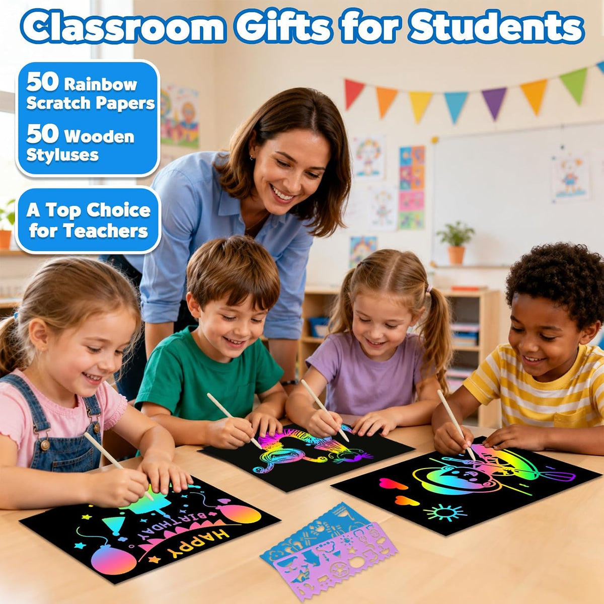 ZMLM 100Pcs Rainbow Scratch Paper Art Gifts - Blue / 7.2 x 5 inch - image 4