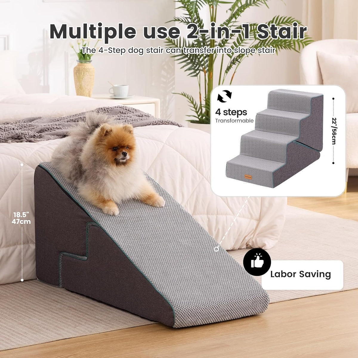 Gardner Pet Dog Stairs for Small Dogs 14" H - Grey 2in1 / 4.0 / 15.75"x30"x22"Deformable - image 2