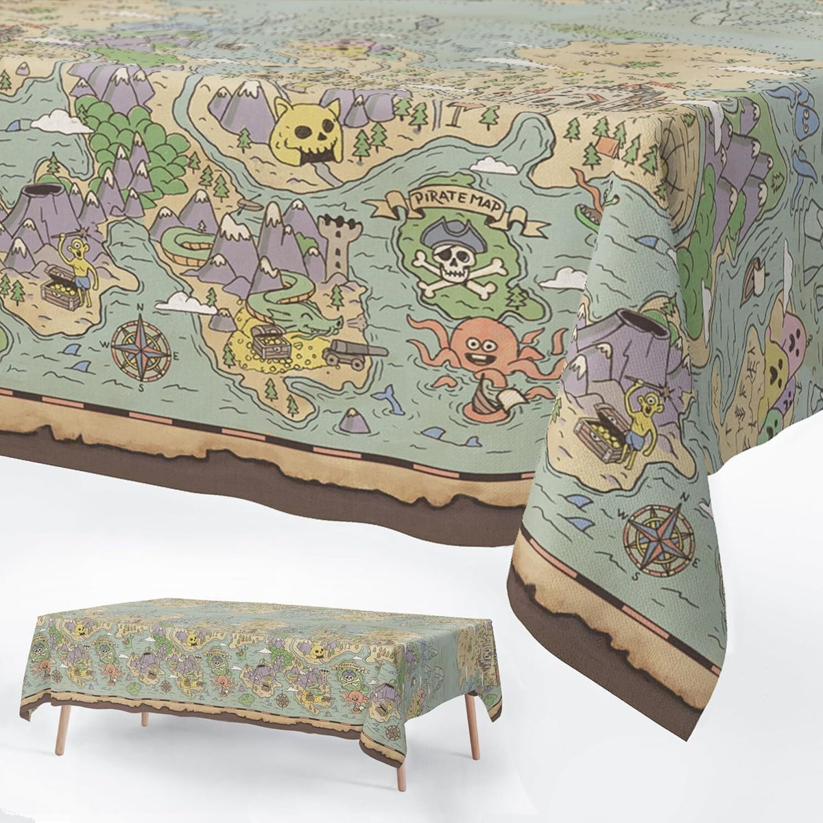 FUN RACCOON pirate party tablecloth with vintage treasure map and pirate ships print - view 5