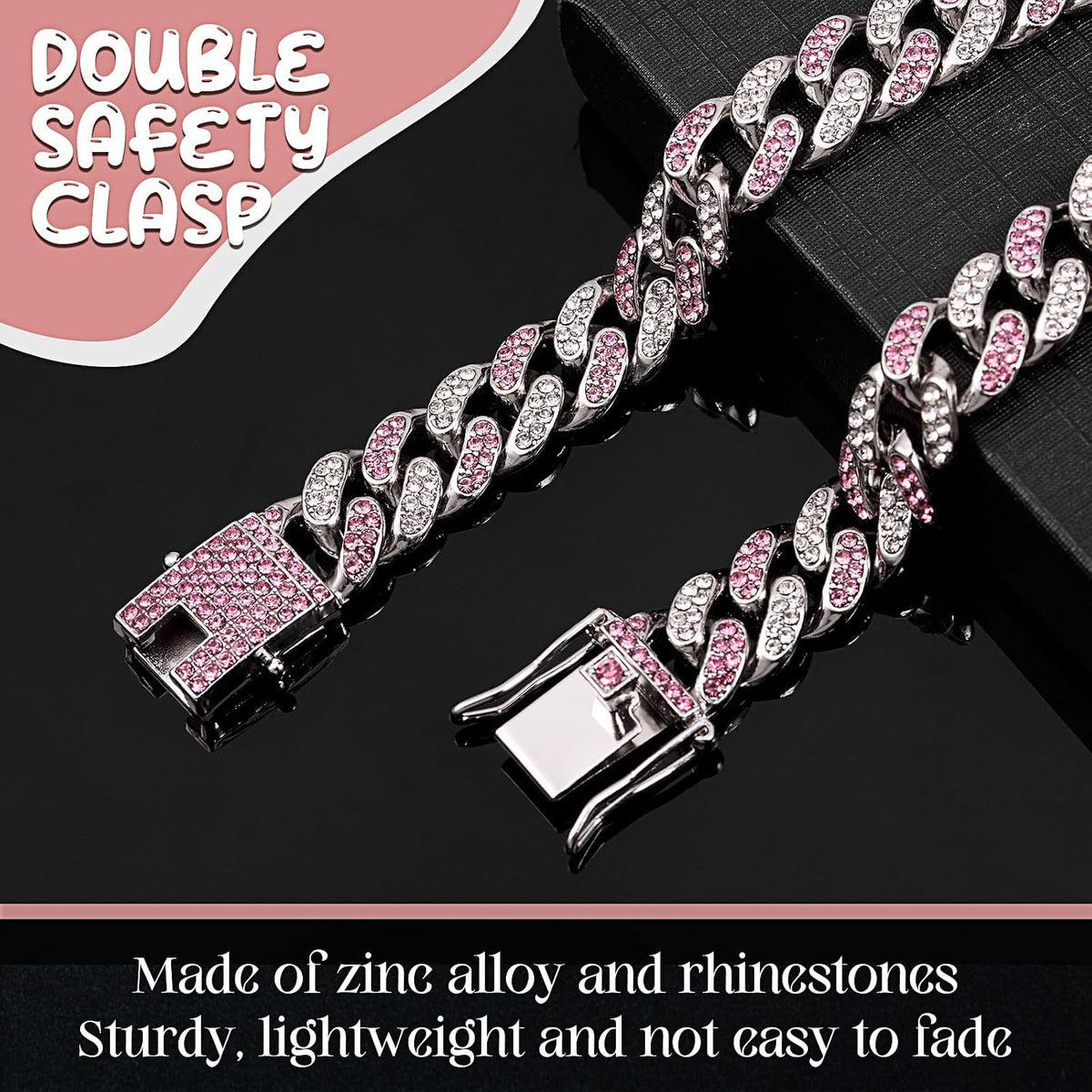 LEIFIDE Cuban Link Dog Collar Chain 12mm, Rose Gold, Pink - 10 Inches / Silver, Pink White - image 3