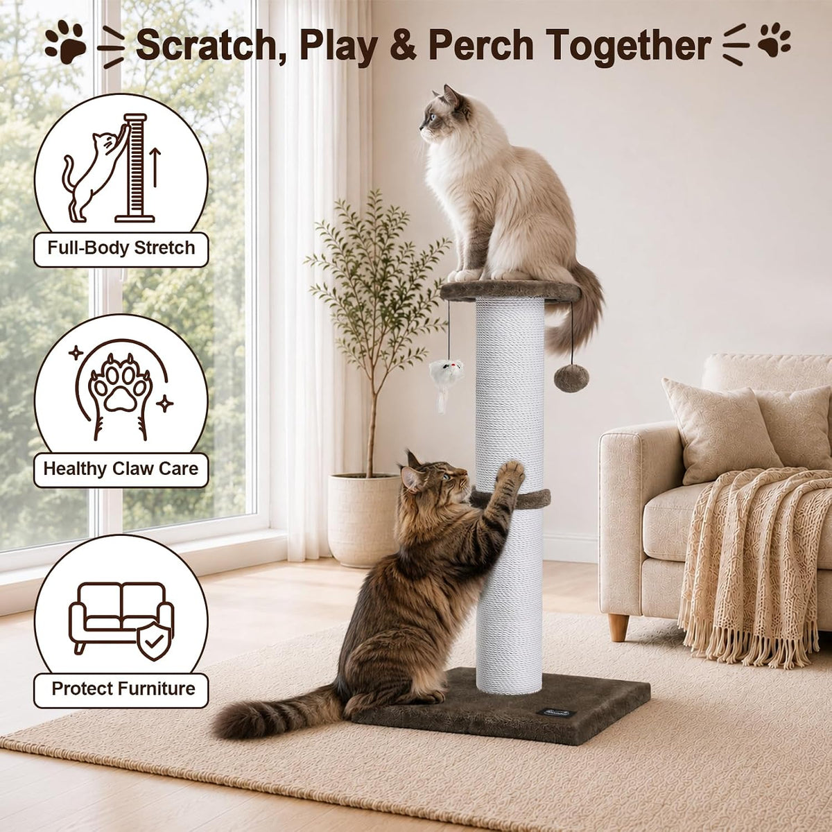 34-Inch Tall Cat Scratching Post for Large Cats, Stable Base - Brown - image 3