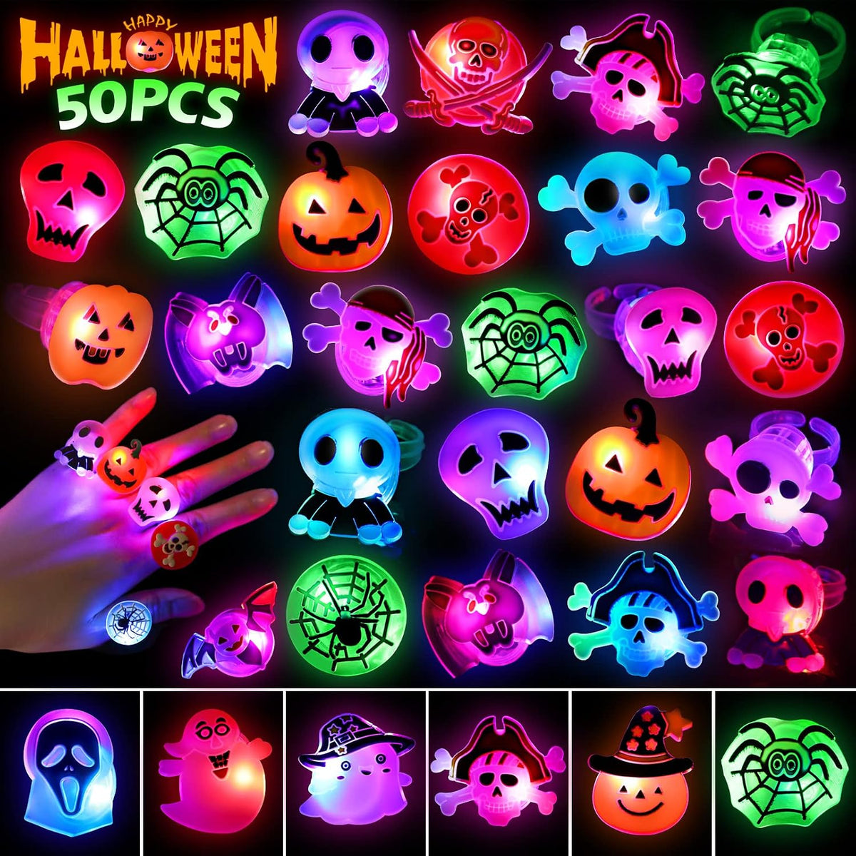 GiftInTheBox LED light up Halloween rings with ghost, pumpkin and bat tops