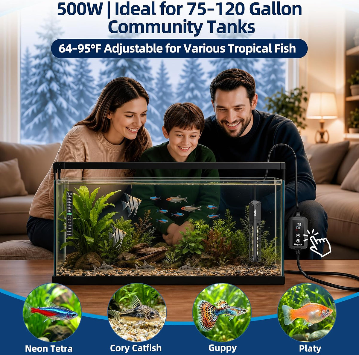 FREESEA Adjustable Aquarium Heater 20-50Gal: 200W 64-95°F Precise - 500W(75-120gallon) - image 3