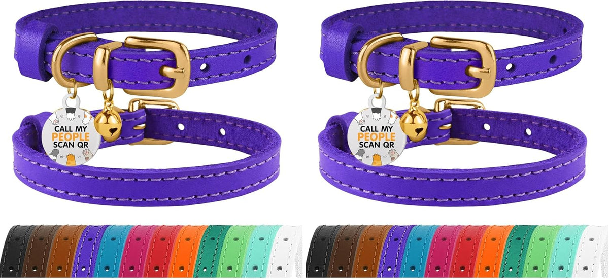 Leather Cat Collar, Removable Bells, QR Tag – Essentials for Cats - 7 - 9 inch (Pack of 2) / Purple & Gold