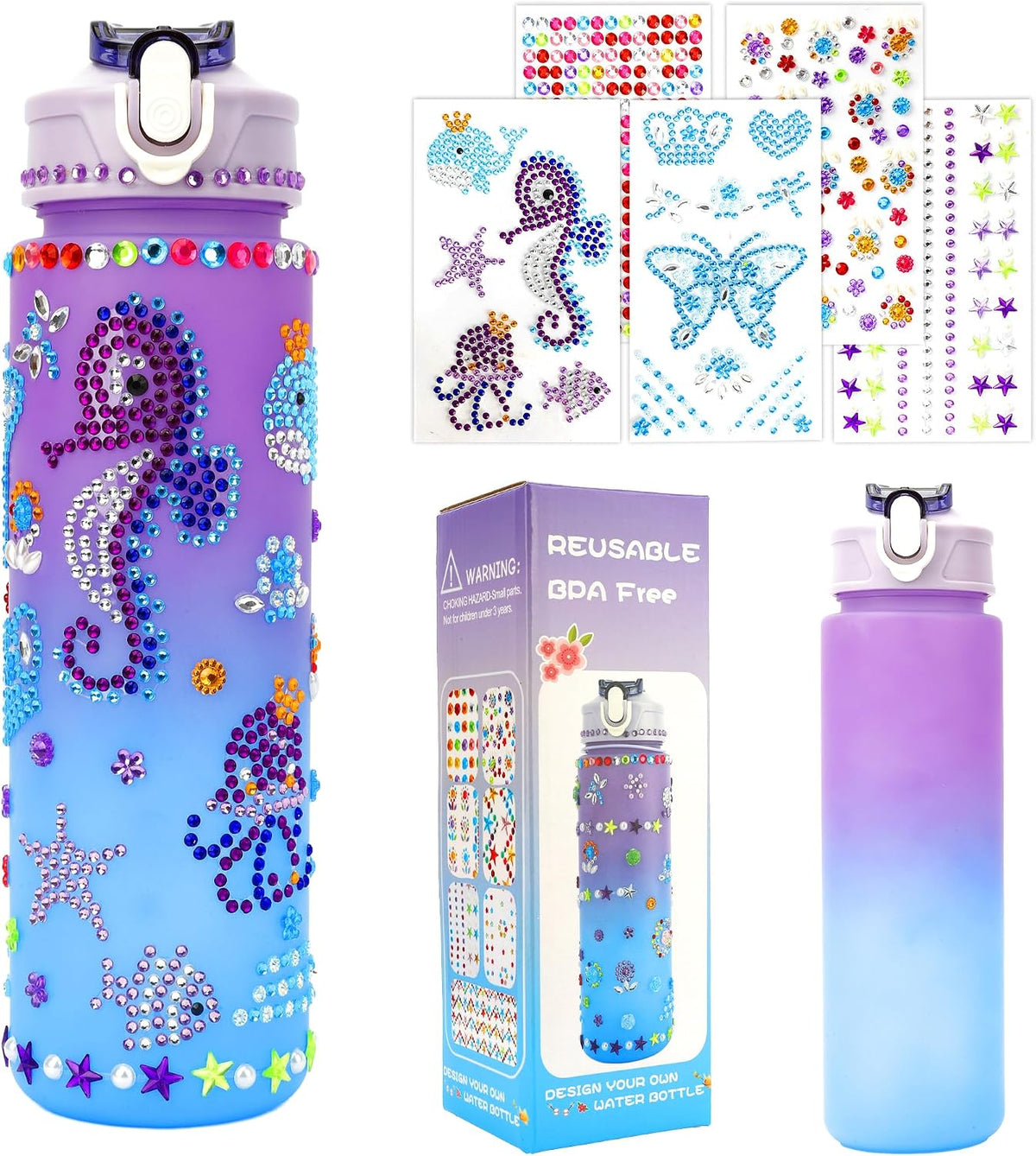 OZOSHINE decorate your own water bottle kit for girls with gem stickers and gift box - view 2