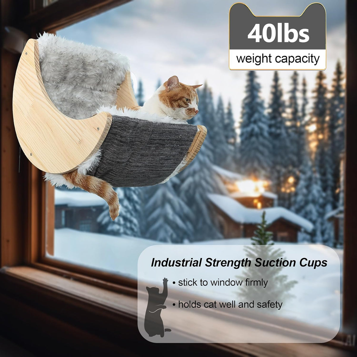 Cat Window Perch, Plywood Moon Bed with 4 Heavy-Duty Suction Cups – Essentials for Cats - Faux-fur - image 4