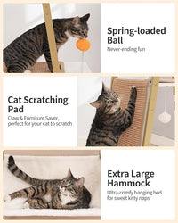 FourFurPets Modern Cat Tree, 58-Inch Cat Tower for Large Cats, Maine Coon Cat Tree with Scratching Board, Large Perch, Hammock and Removable Pads, White