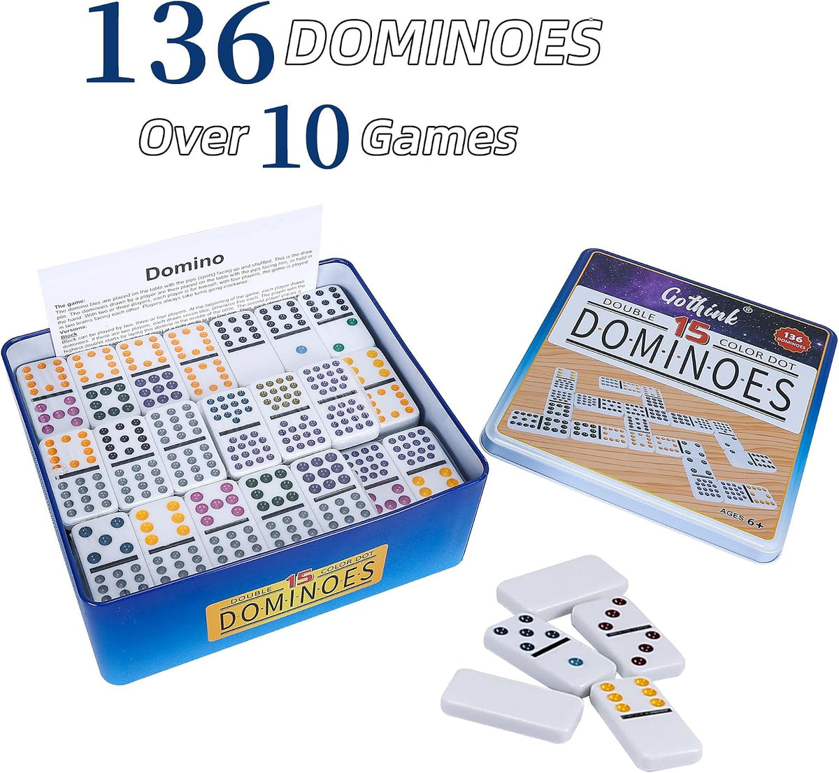 Offelec Double Six Dominoes Set - Double 15 Colored Dot Dominoes - image 3