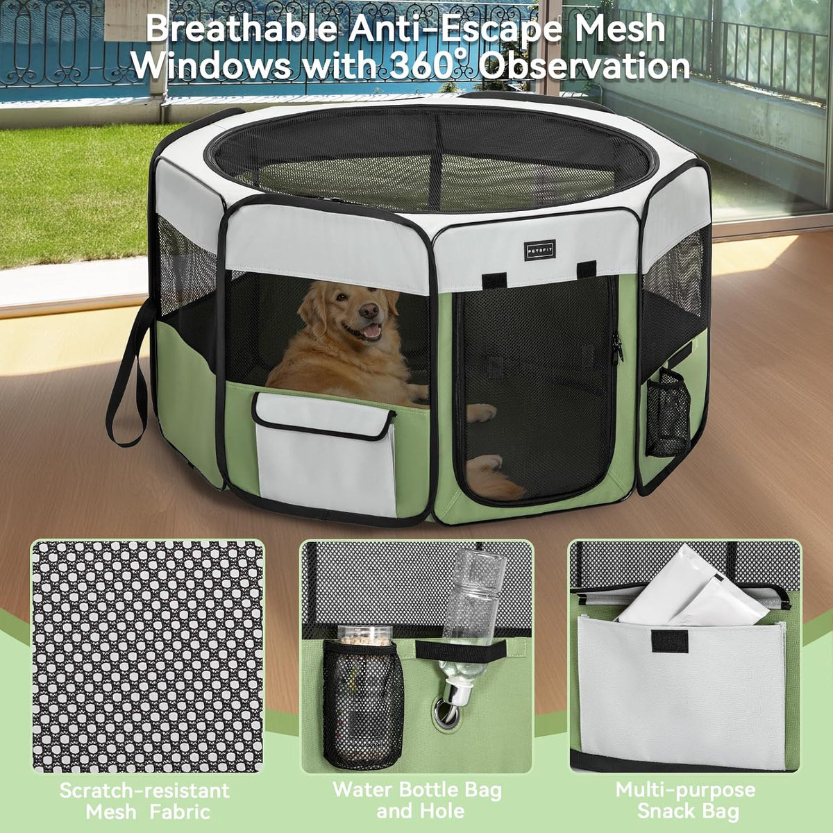 PETSFIT Portable Dog Playpen 36", Removable Waterproof Mat - Green / Large (45.5"x45.5"x28.5") - image 4
