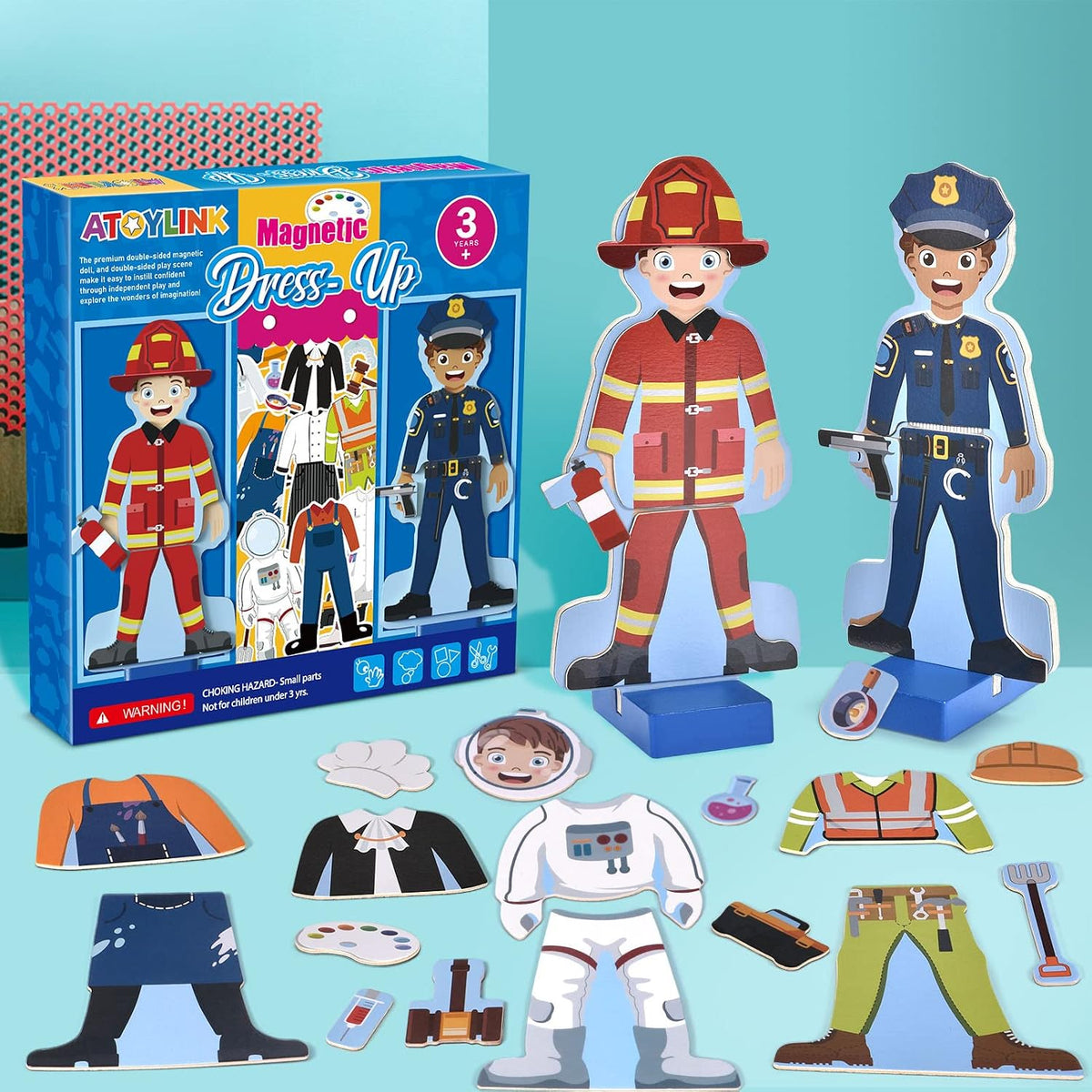 Atoylink Wooden Magnetic Dress up Dolls Pretend Play Set 40+ Pcs - Boy - image 3