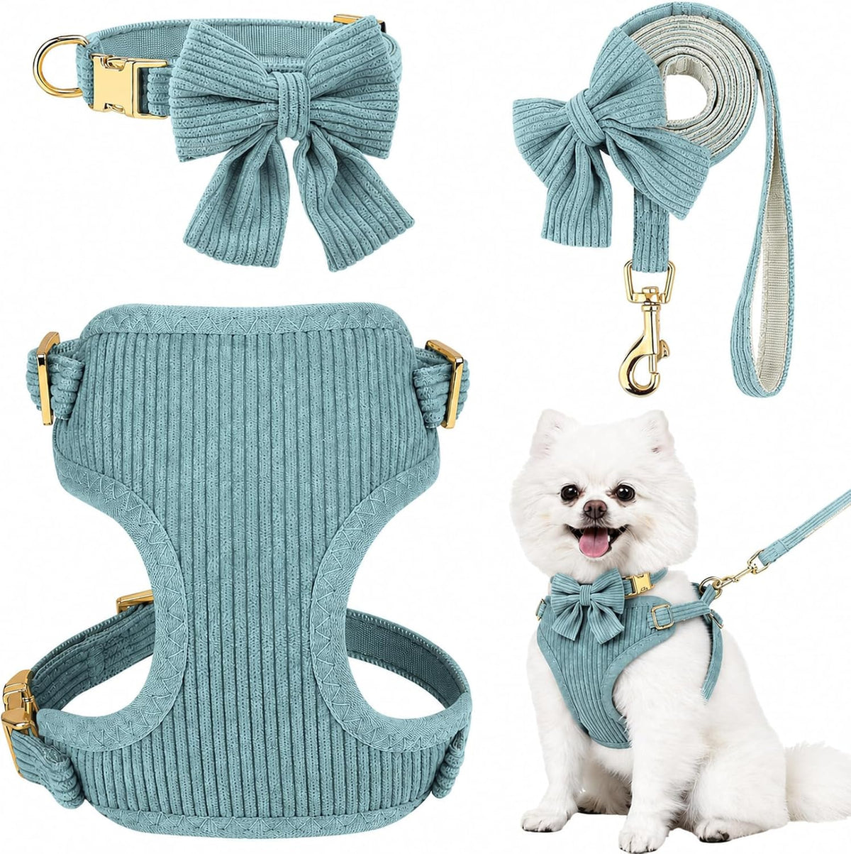 Small Dog Collar Harness and Leash Set with Bowtie - Gray Green-Harness / M: Neck 13-22", Chest 16-21"