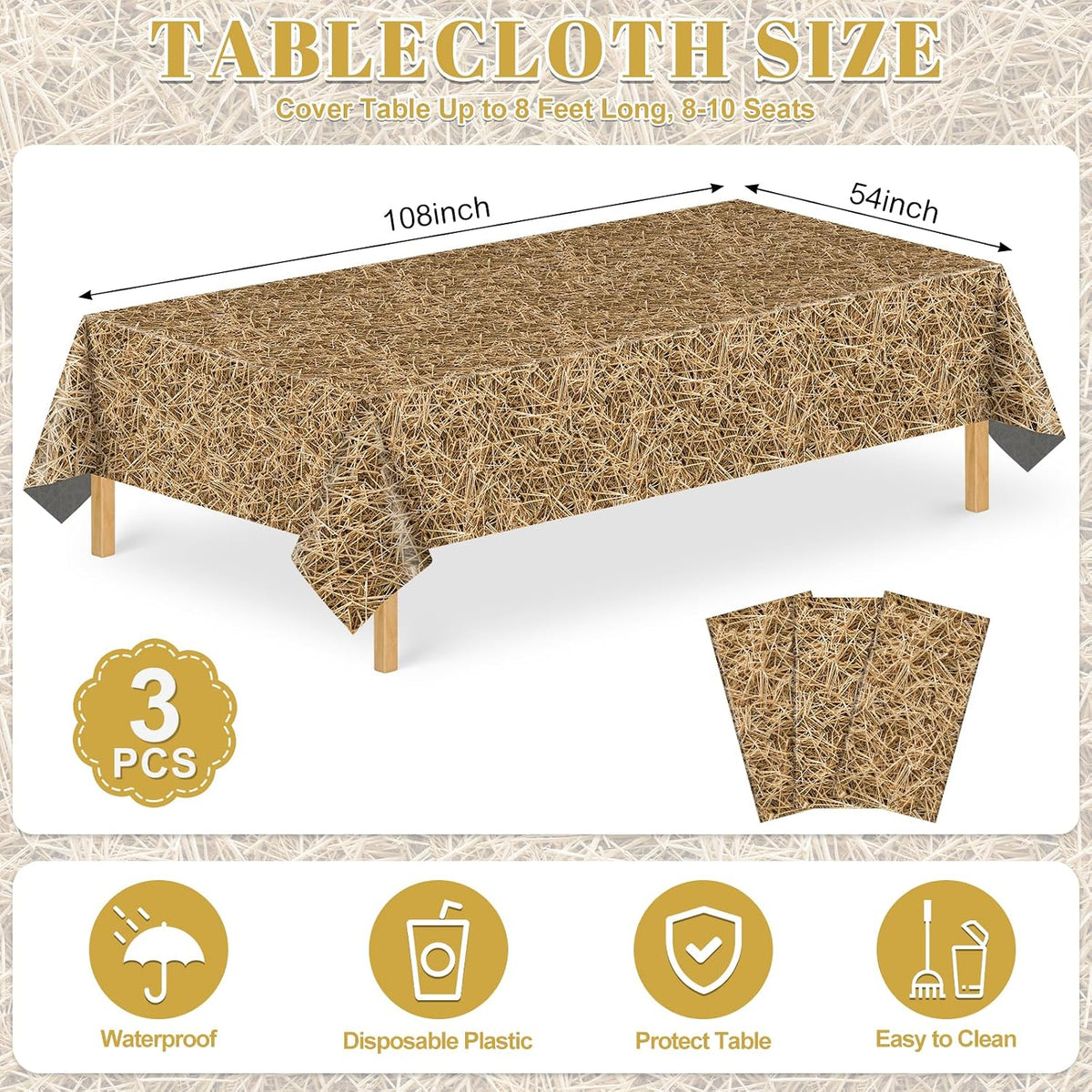 NatNarr 3 Pack Wood Grain Plastic Tablecloths - Straw - image 2