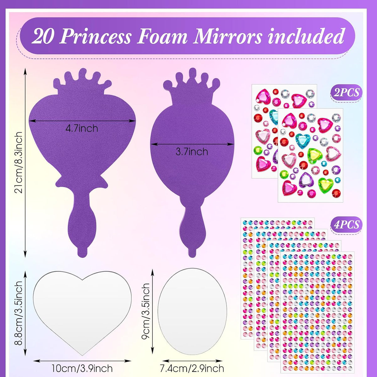 Geetery unbreakable kids mirror craft kit, 20 heart and oval foam princess mirrors in pink, blue and - view 15