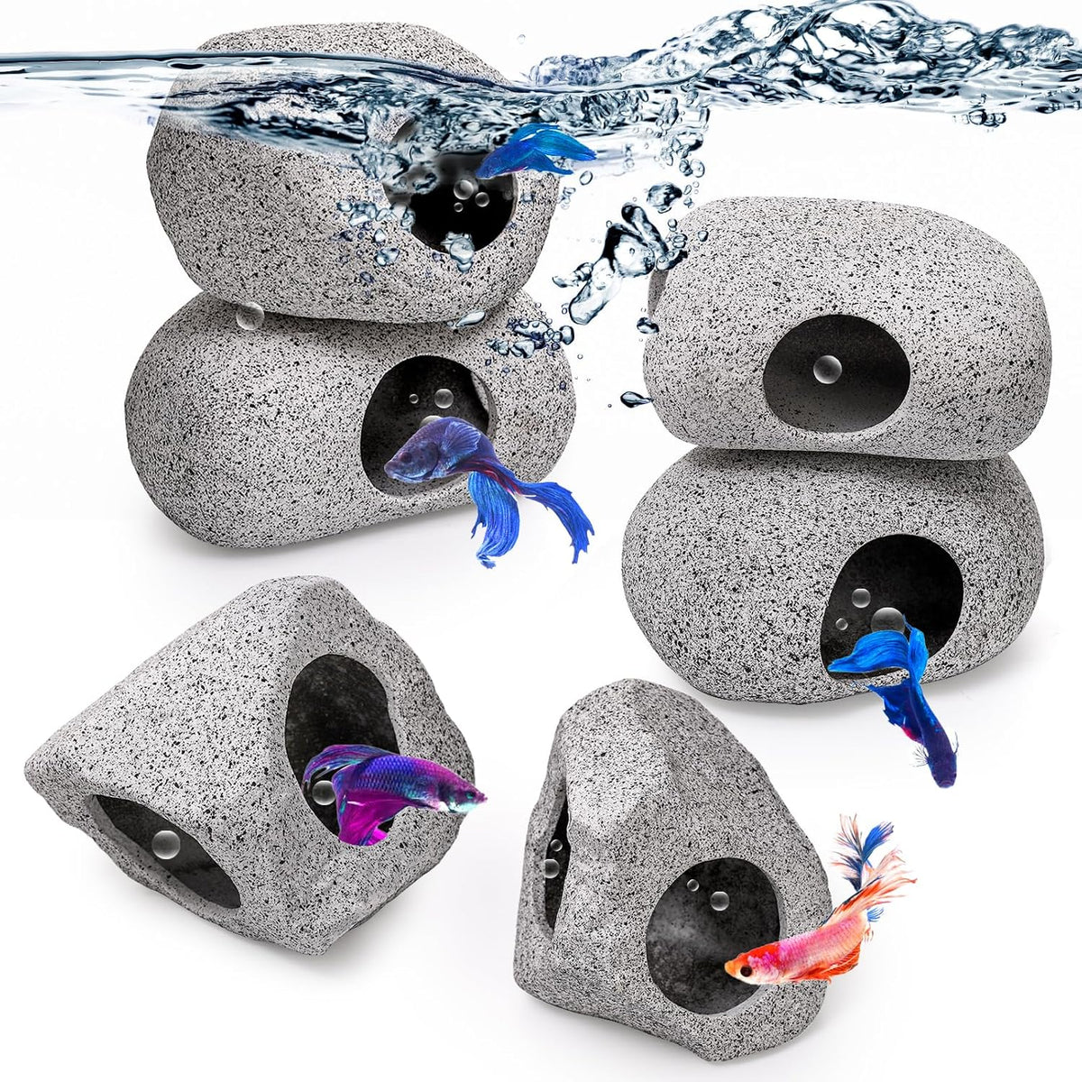 6 Pack Aquarium Decoration Rock Caves, Betta Fish Tank Hideaway