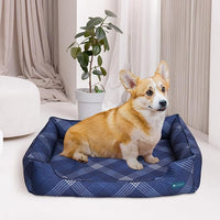 Orthopedic Bolster Dog Bed – CertiPUR-US Foam, Recycled Polyester Canvas, Washable Cover, Anti-Slip Bottom, Large, Navy Plaid – Stylish Designer Dog Sofa