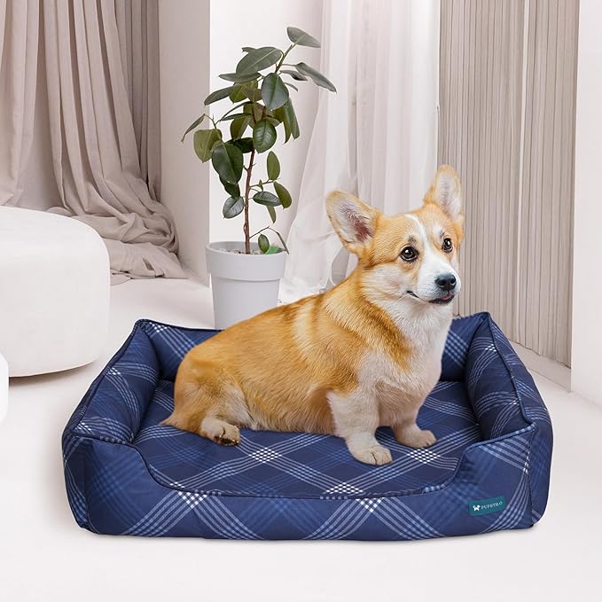 Orthopedic Bolster Dog Bed – CertiPUR-US Foam, Recycled Polyester Canvas, Washable Cover, Anti-Slip Bottom, Large, Navy Plaid – Stylish Designer Dog Sofa