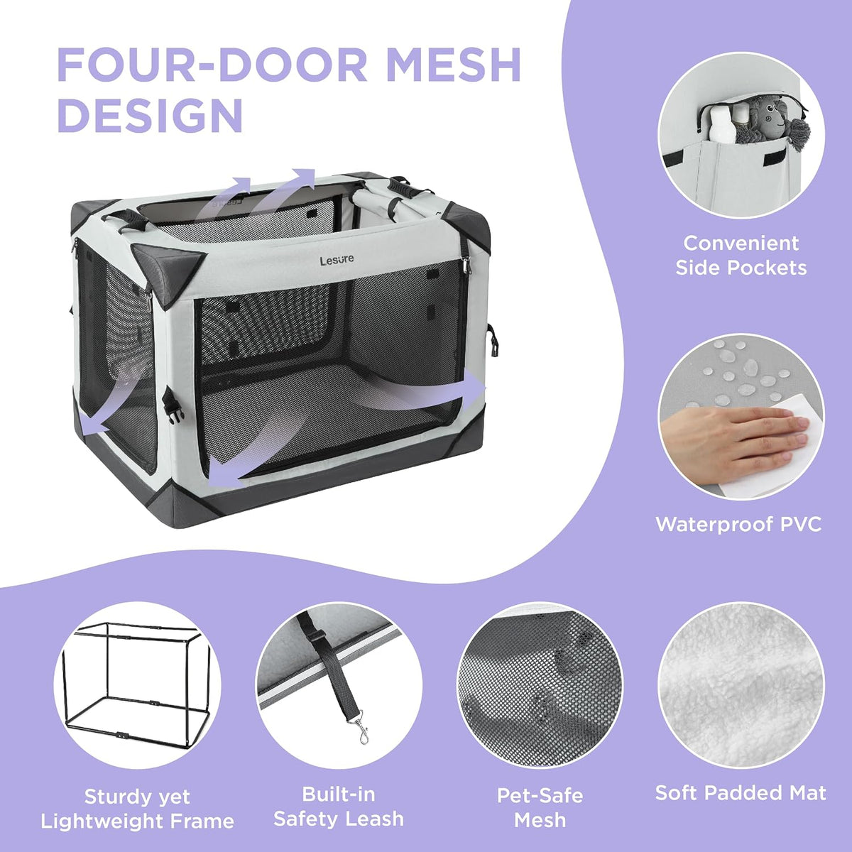 Lesure Portable Soft Collapsible Dog Crate for Large Dogs - Light Grey / 36.0"L x 23.0"W x 25.0"H - image 4
