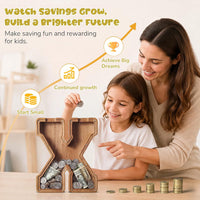 KMC wooden letter piggy bank, oak initial coin bank with clear plexiglass front - view 36