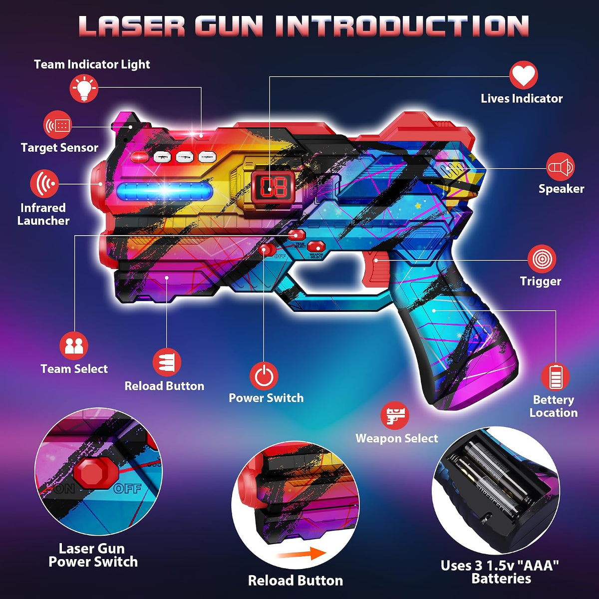 Laser Tag Guns Set of 4 Laser Tag Guns with Digital LED Score Display - Multicoloured - image 3