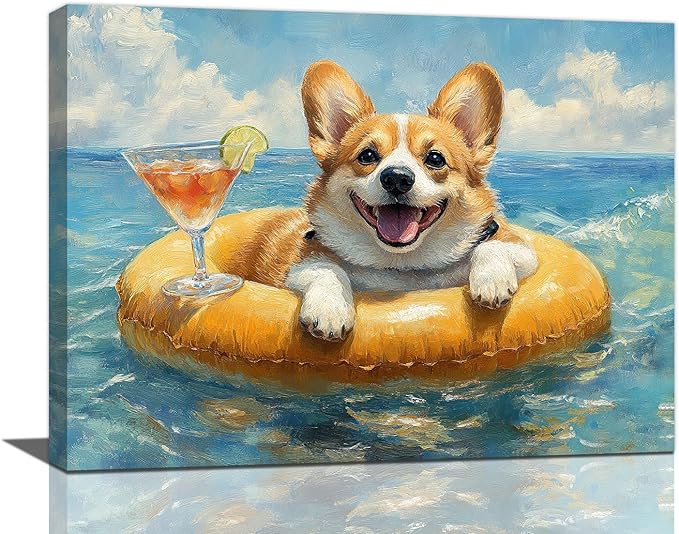Ocean Funny Corgi Dog Pictures Wall Art, Bathroom Cute Dog Wall Decor Sea Coastal Framed Painting Beach Canvas Artwork for Bathroom Bedroom Living Room Decorations 20"L x 16"W