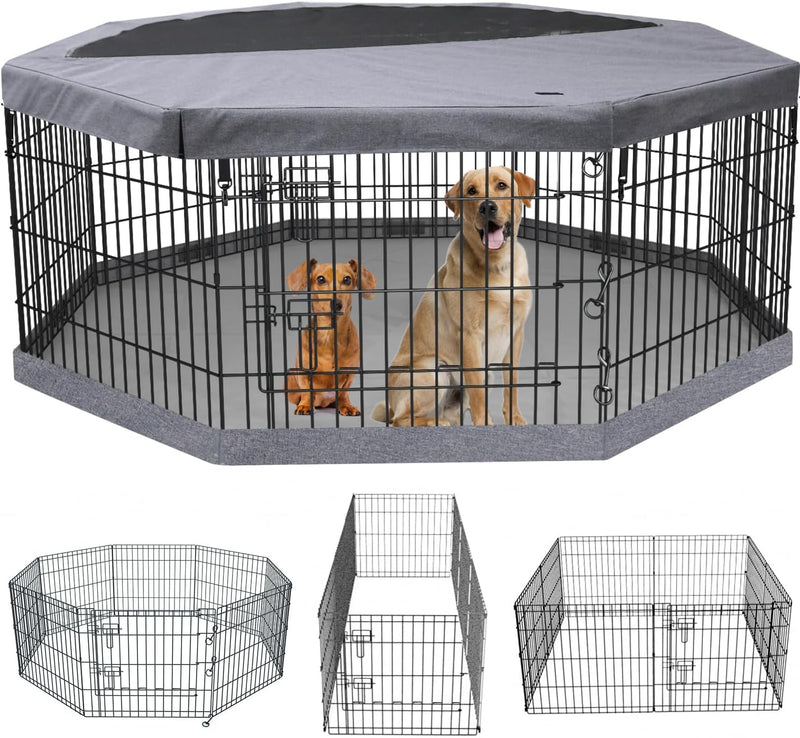 Foldable Metal Dog Exercise Pen/Pet Puppy Playpen Kennels Yard Fence - Gray / 24''H / Playpen+Bottom+Top Cover