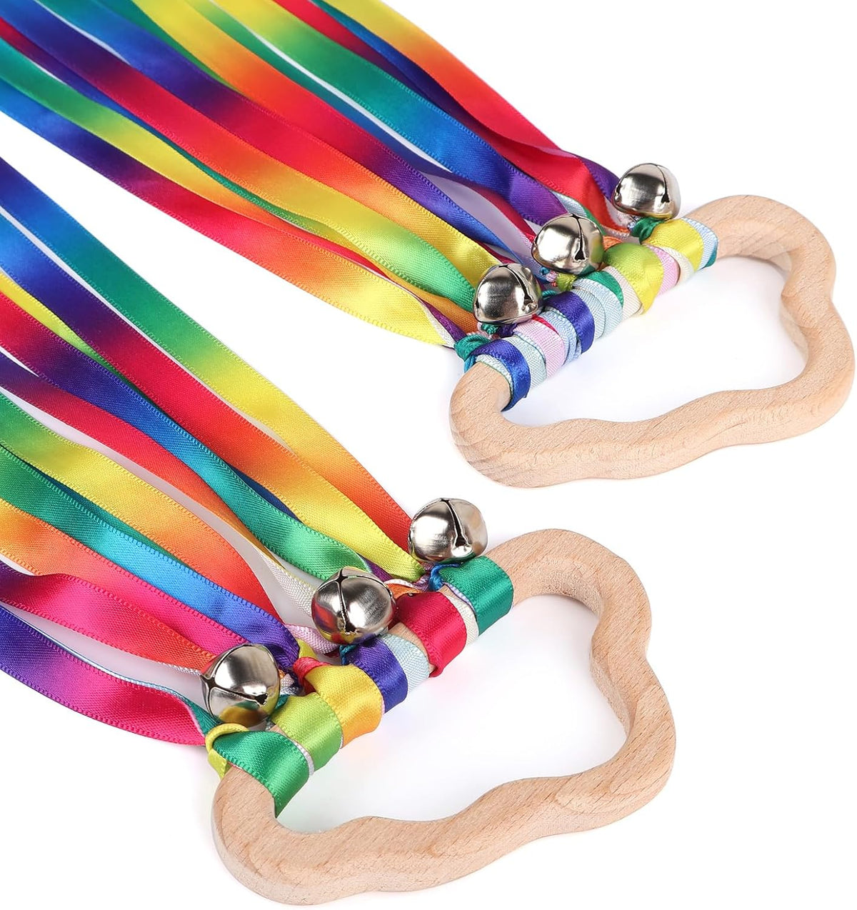 MEROCO 2-pack rainbow ribbon wands with natural wood rings and six fabric ribbons each - view 2