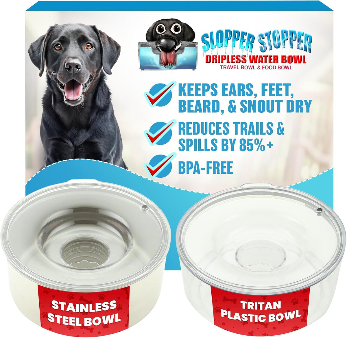 Tritan dripless dog water bowl with lid, 1 gallon, for medium dogs