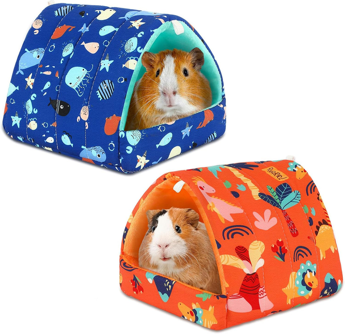 UPINS 2 Pack Guinea Pig Hideout, Washable Small Animal House Bed – Daily Care for Small Pets - 6.8 x 7.4 inch / Blue Orange
