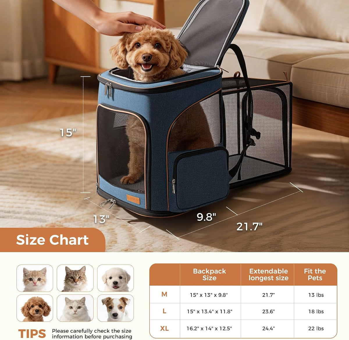 Lekereise Cat Backpack Expandable Pet Carrier Backpack for Small Cats - Blue / XL-Mesh Window - image 2