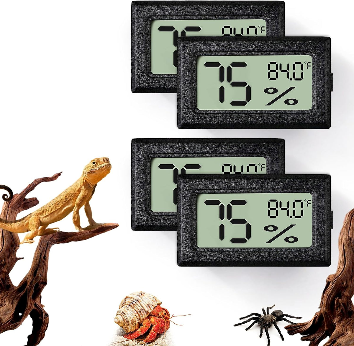 2 PCS Rectangle Reptile Thermometer and Humidity Gauge for Bearded - Black Rectangle 4PCS