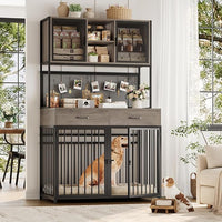 HITHOS 71" Tall Dog Crate Furniture, Indoor Dog Kennel with Hutch, 42" W Dog Cage for Large/Medium Dogs, Wood Dog Crates with 2 Storage Drawers, Heavy Duty Pet House, Ash Grey