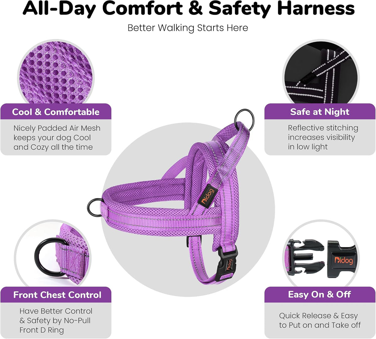 Didog No Pull Dog Harness for Large Dogs, Breathable Mesh Padded - Purple / XS: Chest 15-19", Fit 9-18 lbs - image 4