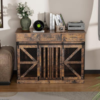 48'' Dog Crate Furniture with Removable Divider & Storage Drawers, Wooden Double Dog Cage TV Stand with 2 Sliding Barn Doors, Multi-Functional Dog Crate End Table for Indoor use (Retro Brown)