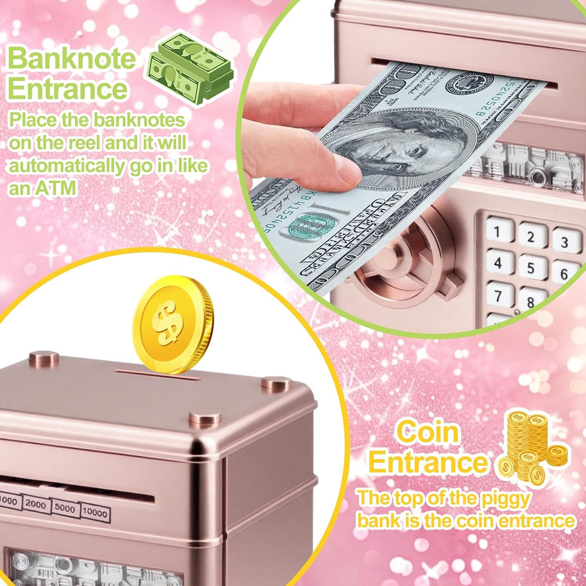 Piggy Bank for Kids Girls Boys with Password Code Lock Cash Coin Can - Rose Gold（without Sitcker） - image 2