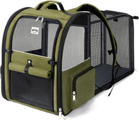 Cat Carrier Backpack, Expandable Pet Carrier with Sun Shade & Full Front Opening, Breathable Mesh - Dark Green / L-Mesh Window