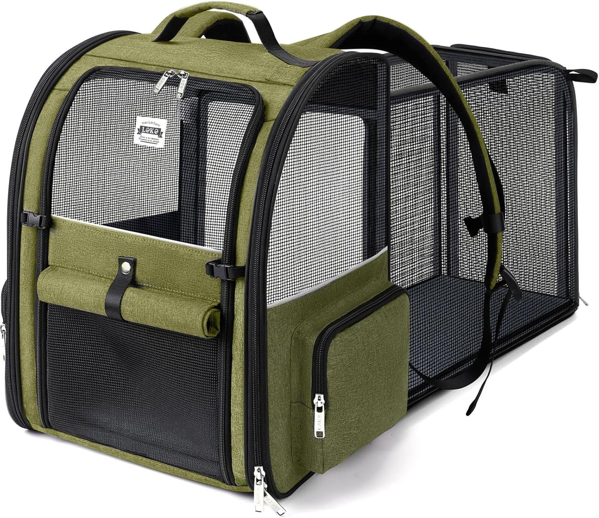 Cat Carrier Backpack, Expandable Pet Carrier with Sun Shade & Full Front Opening, Breathable Mesh - Dark Green / L-Mesh Window