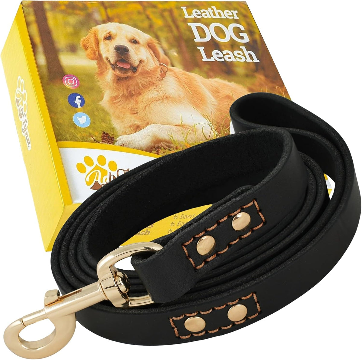 ADITYNA Leather Dog Leash for Large, and Small Dogs - L - 6 ft x 3/4 inch / Black - Gold Colored Clasp