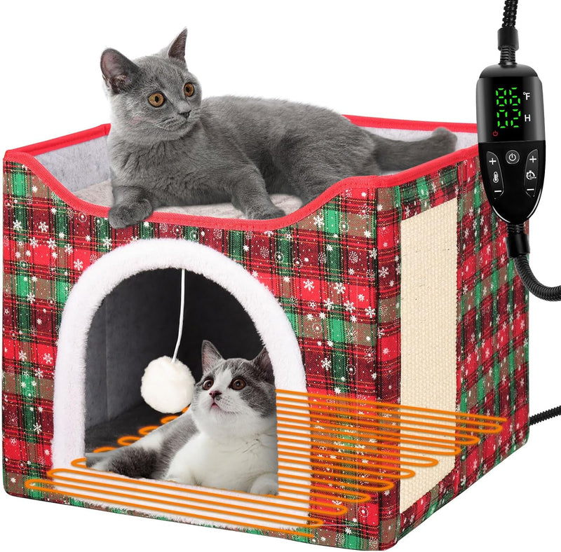 Heated Cat Bed for Indoor Cats - Christmas Red