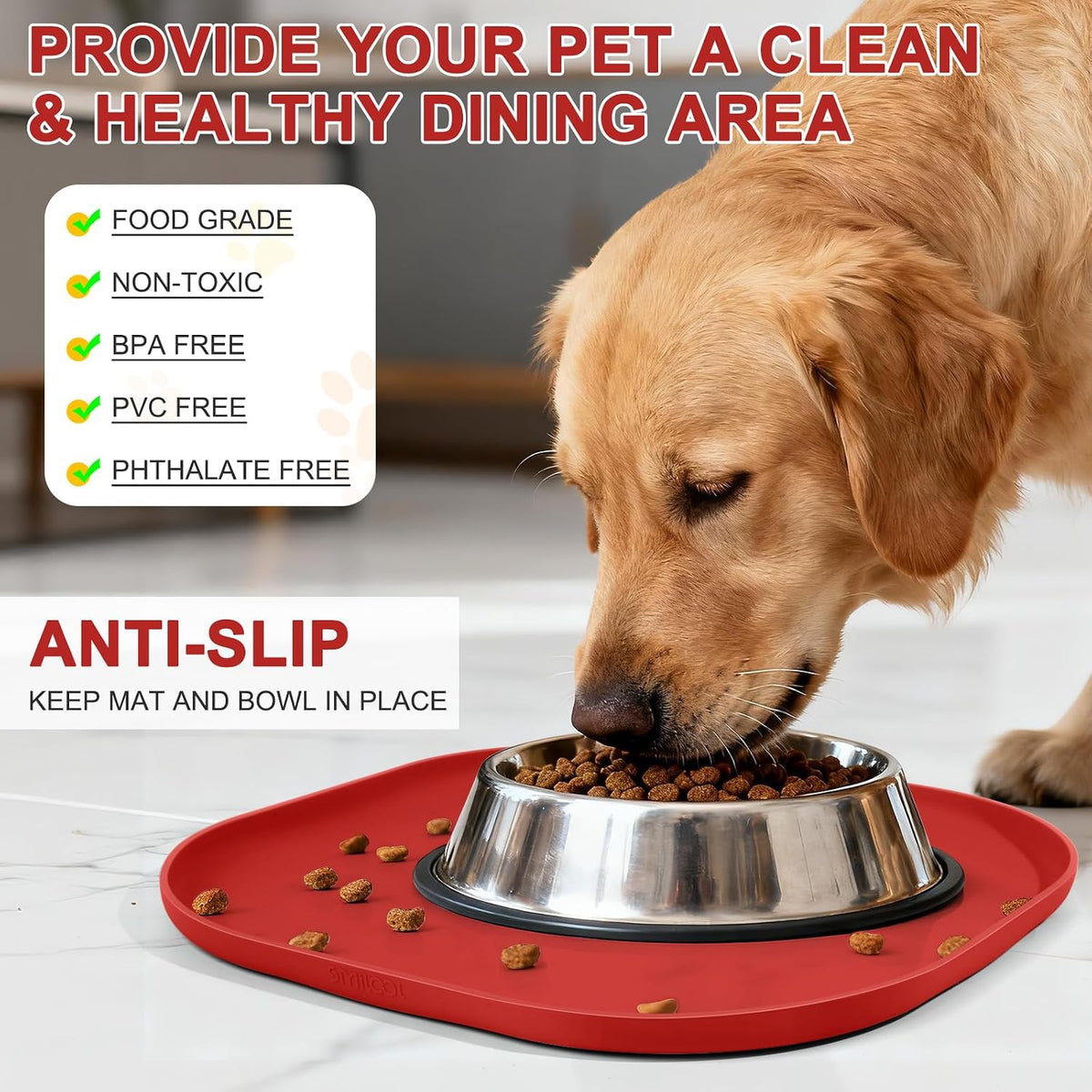 SMILOOL Waterproof Silicone Pet Food Mat with Raised Edge for Dog - Red / 12"L x 12"W - image 2