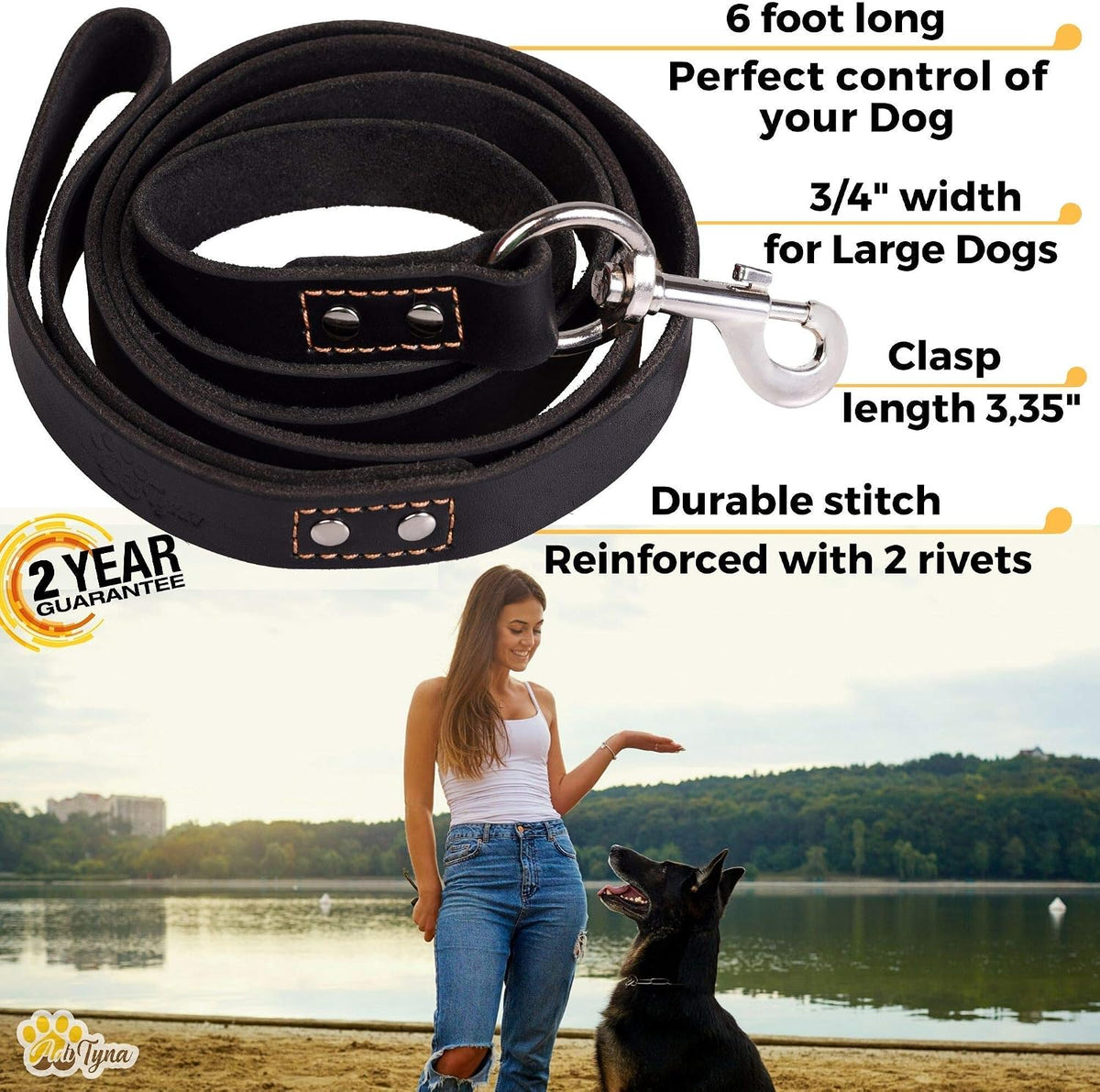 ADITYNA Leather Dog Leash for Large, and Small Dogs - L - 6 ft x 3/4 inch / Black - image 2