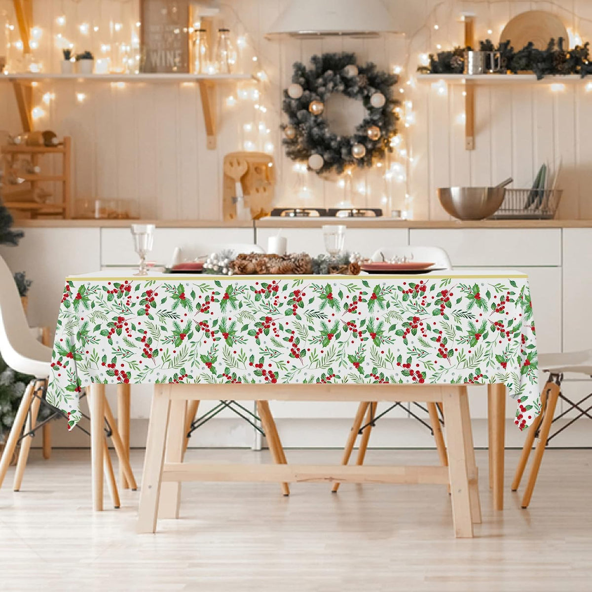 Fall Thanksgiving decorations, Disposable Tablecloth - Christmas Seasonal Holly - image 2