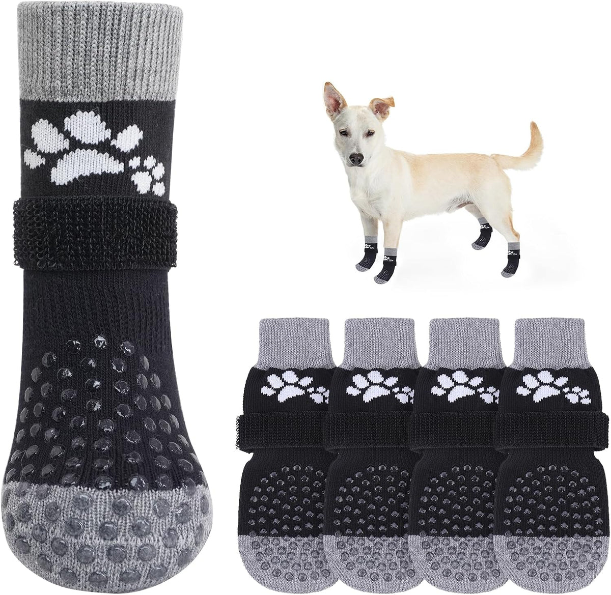 Anti Slip Dog Sock to Prevent Licking Paws for Hardwood Floors - Two Paws(Pack of 6)-Black / XS