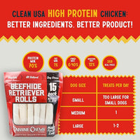 Canine Chews 8-9" Retriever Rolls for Large Dogs - Pack of 15 All-Natural Beef Hide Dog Chews for Aggressive Chewers - 3.7 lb.