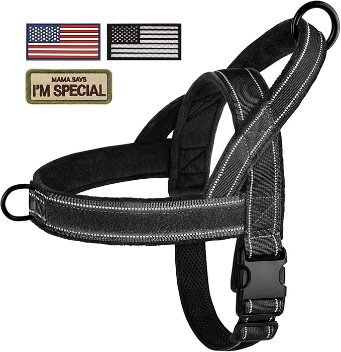 Forestpaw No Pull Dog Harness - Soft Flannel Padded Tactical Dog Vest Harness with Quick Release Buckle, Adjustable Reflective Pet Harness for Medium Large Dogs Walking Training,Black L