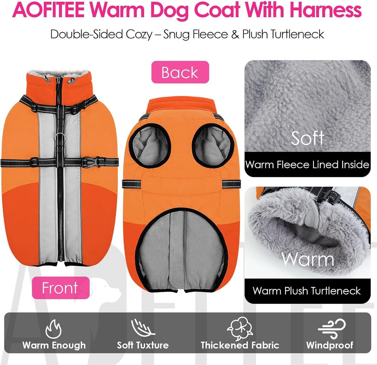 Large Dog Coat Waterproof Dog Winter Jacket with Harness TurquoiseL – Essentials for Dogs - Orange / Large - image 2