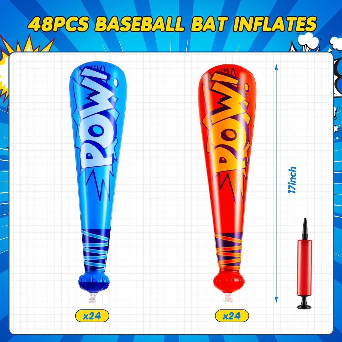 WILLBOND 18 pack 17 inch inflatable baseball bats in red, pink, blue and light blue with pump - view 18