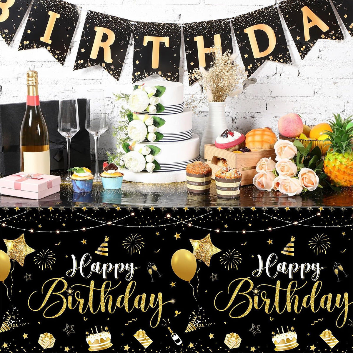 Tudomro 3 Pcs Plastic Happy Birthday Party Tablecloths - Black Gold / 6 - image 4